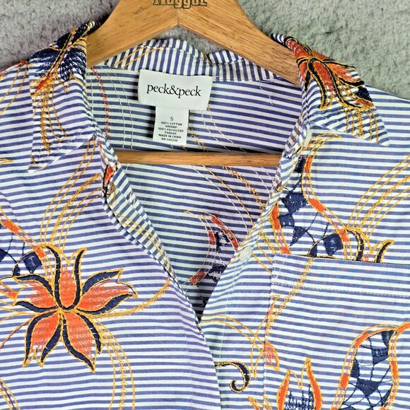 Peck & Peck Embroidered Striped Floral Shirt Small Cotton Boho Scallop Hem Blue - Picture 7 of 16